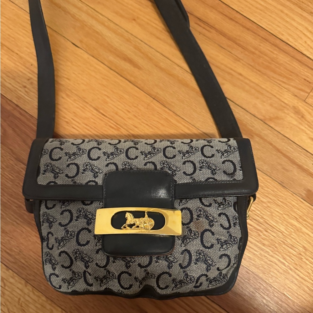 CELINE Bag Vintage Logo Print Leather Navy Blue & Gray - project bag